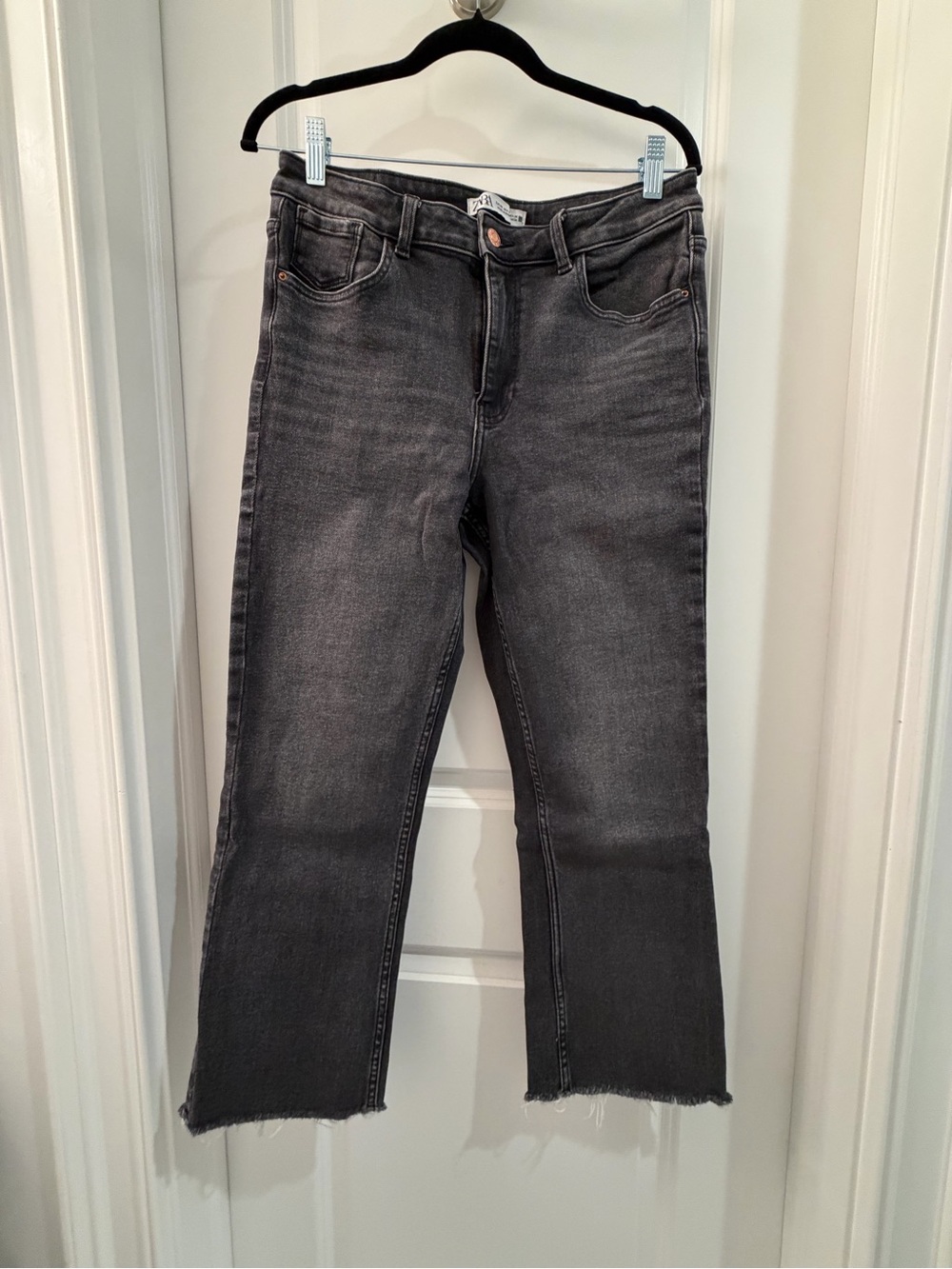 Zara Black Washed Cropped Straight Jeans